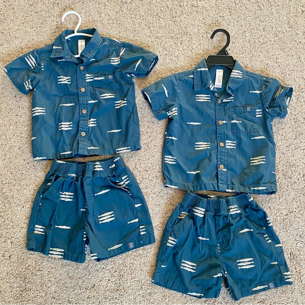 MATCHING Stylish Blue Kids Button Up Short Sleeve Set with Fish Pattern